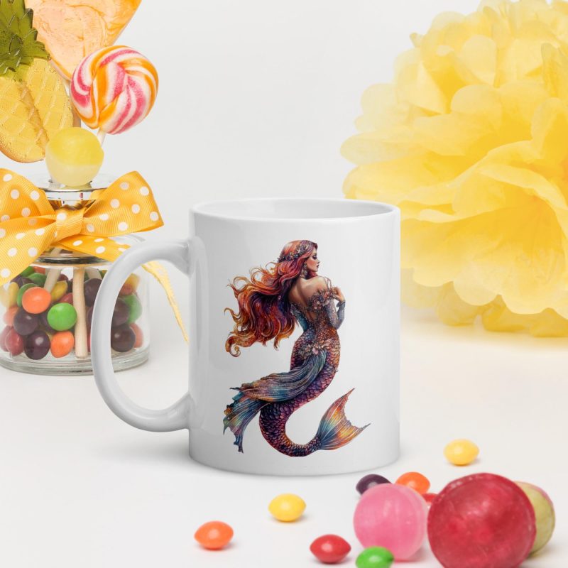 Mermaid with log red flowing hair - White glossy mug - Image 3