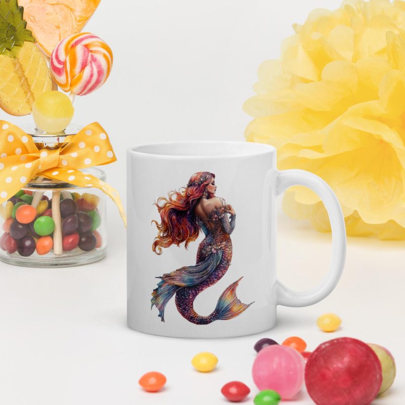 Mermaid with log red flowing hair - White glossy mug - Image 4