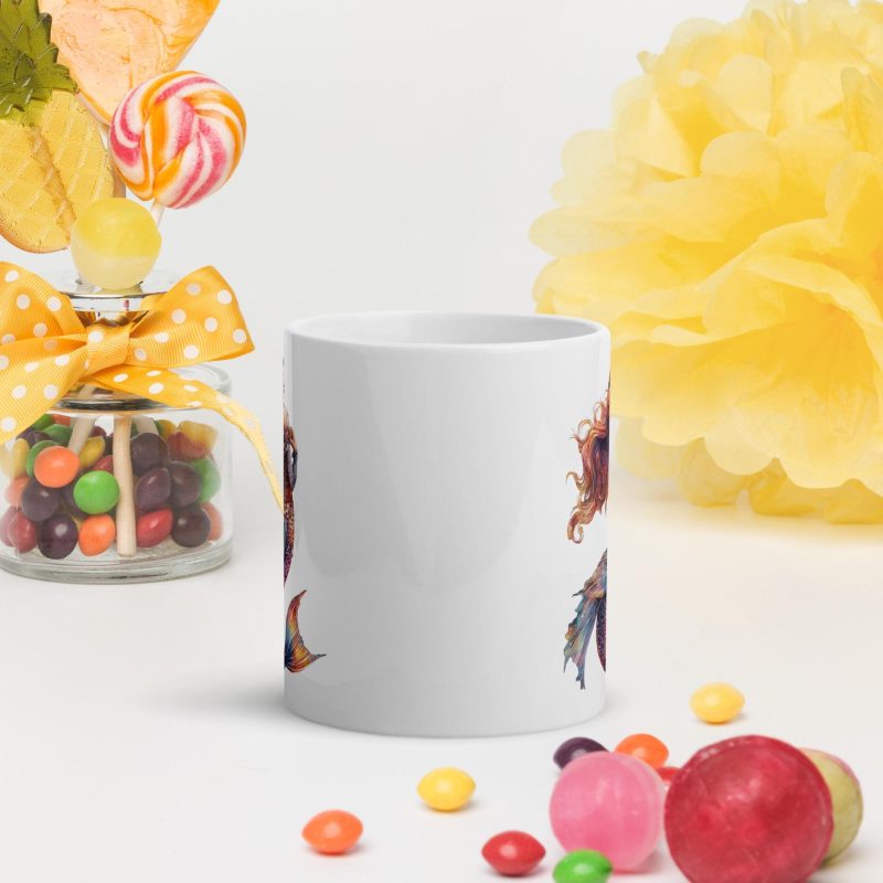 Mermaid with log red flowing hair - White glossy mug - Image 5